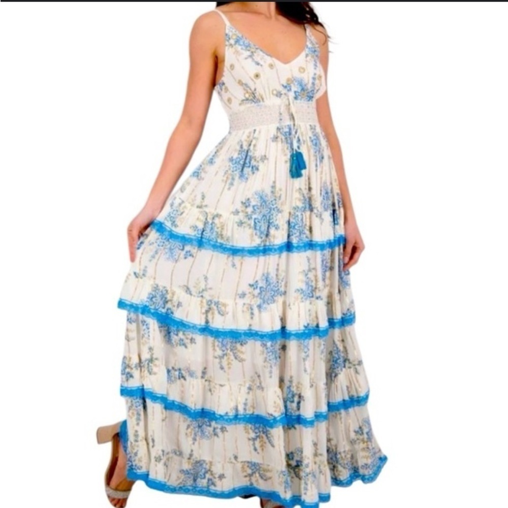ANANTA S/M Blue Gold Metallic Lace Trim Boho Maxi Dress Made in India 25120 - Picture 1 of 11